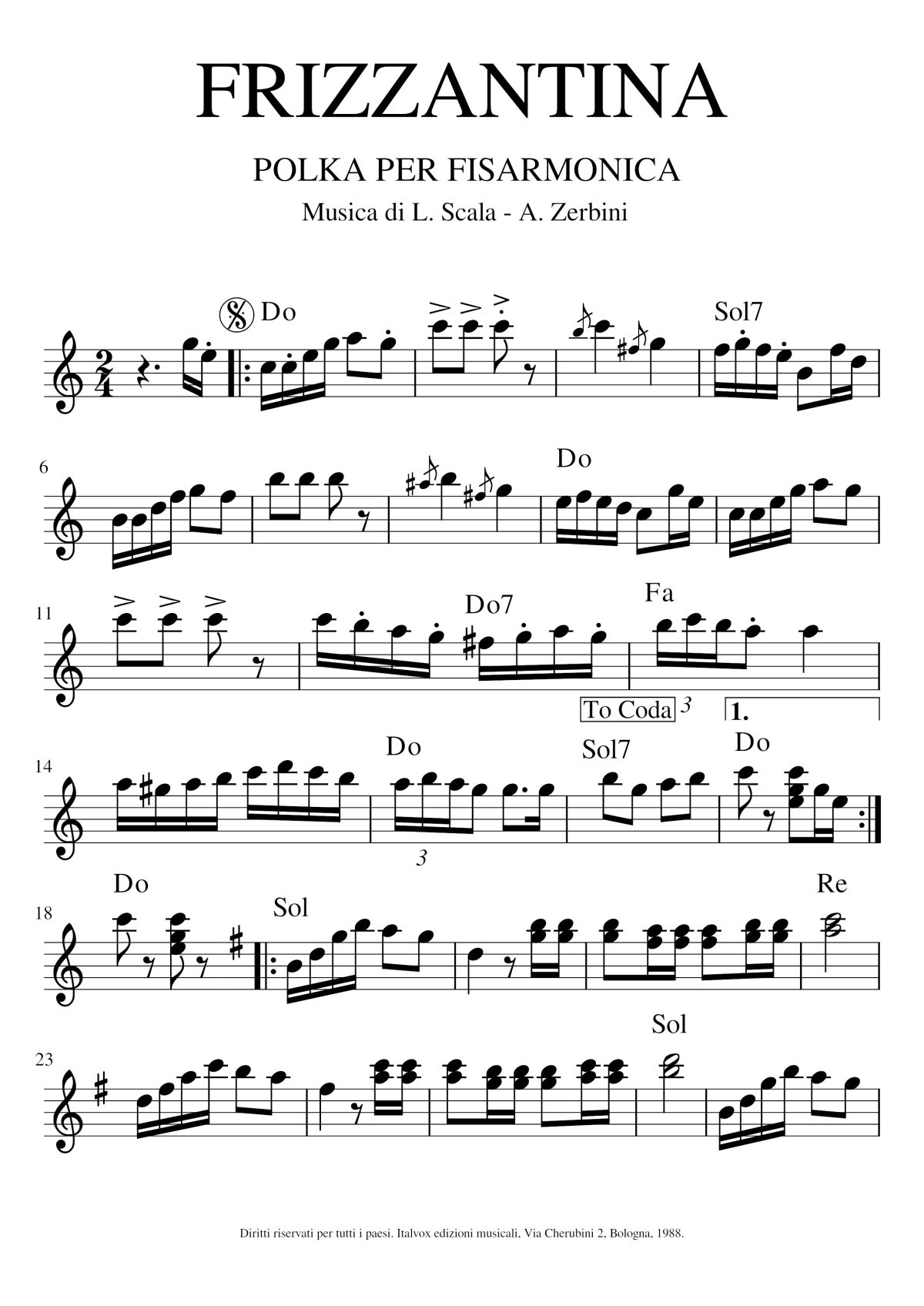Spartito musicale. Frizzantina. Polka per Fisarmonica. Musica di Scala-Zerbini, 1988