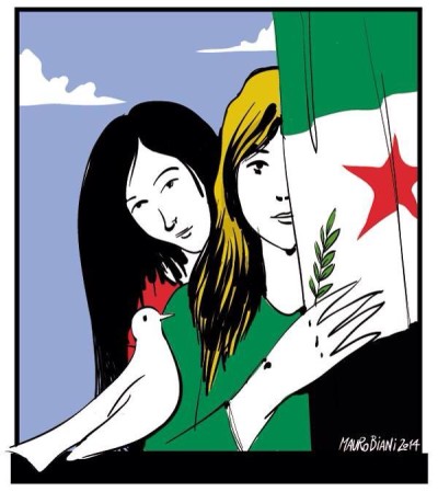 Greta e Vanessa colla bandiera del Free Sirian Army