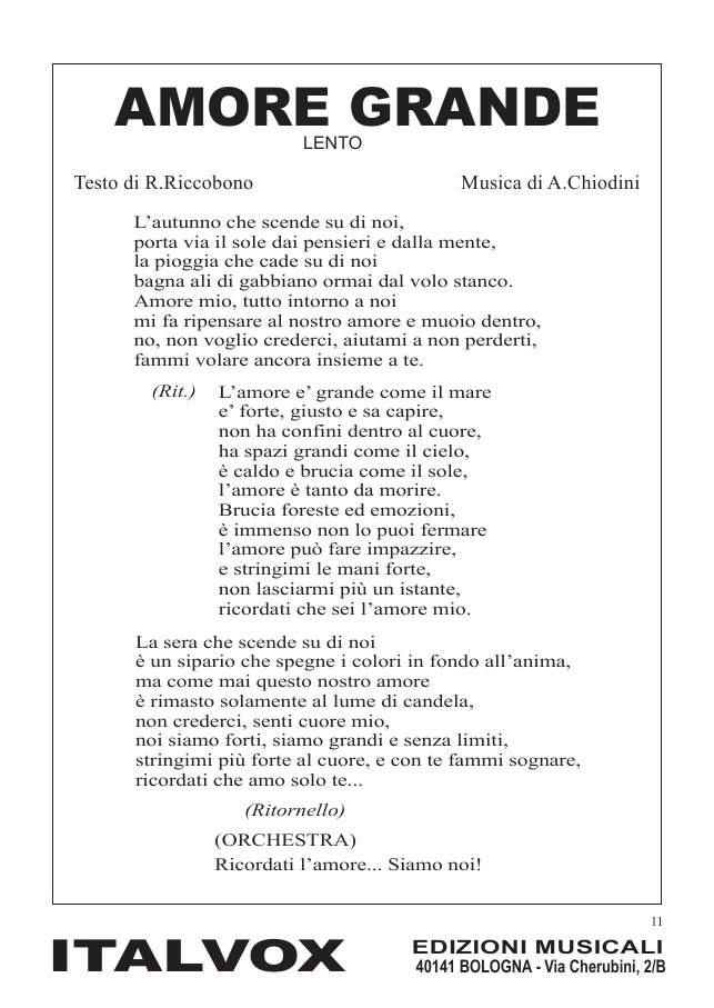 Testo canzone, Chiodini-Riccobono, "Amore Grande"