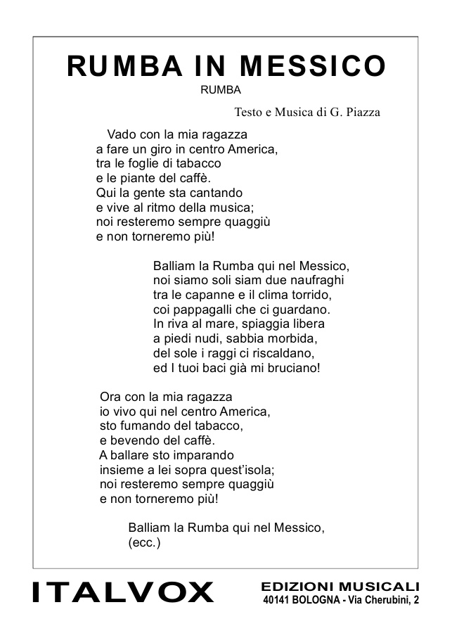 Mp3 Testo canzone, "Rumba in Messico". Spartito musicale.